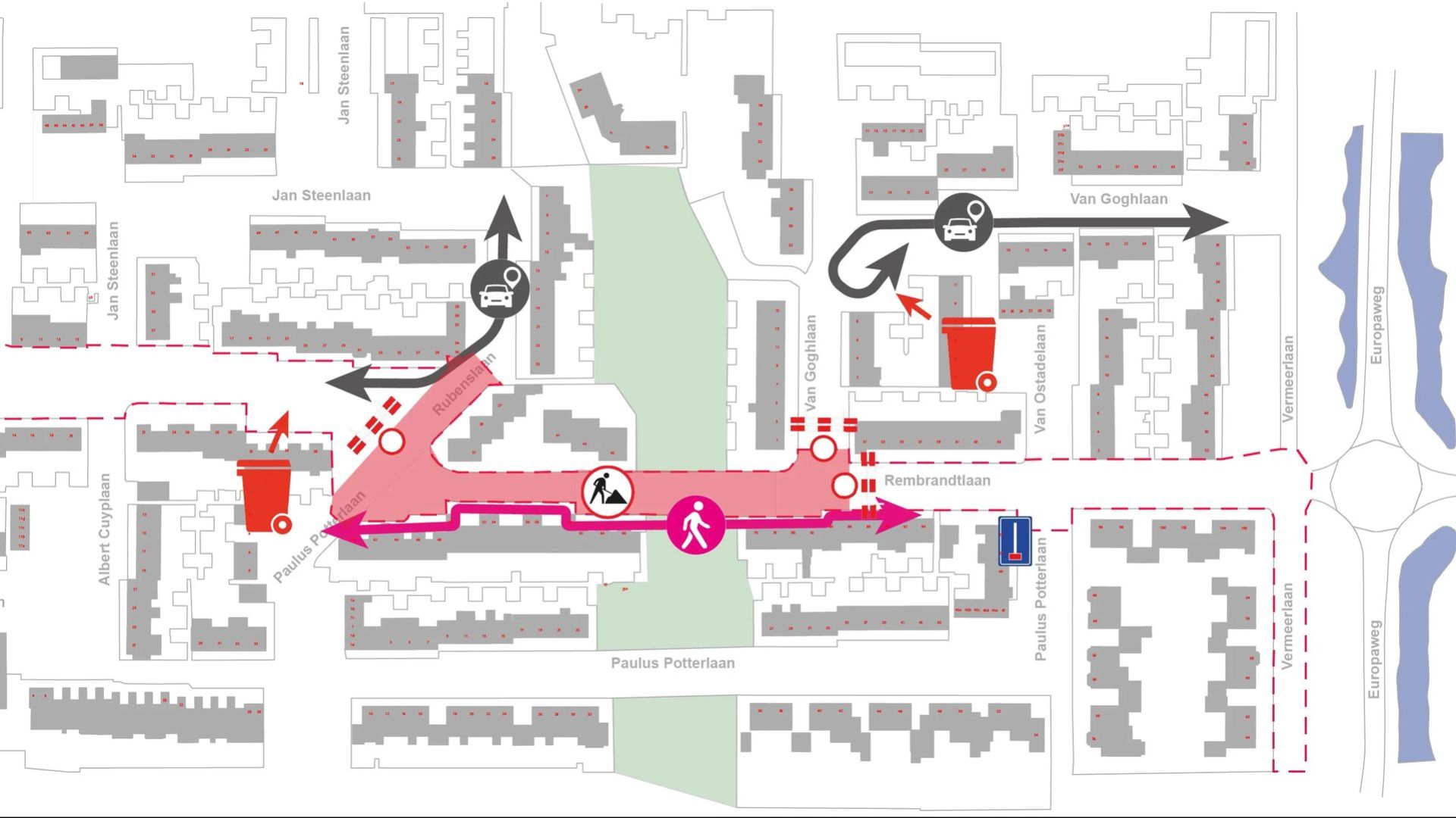 Kruising Rembrandtlaan-Rubenslaan-Paulus Potterlaan in Woudenberg vanaf maandag dicht