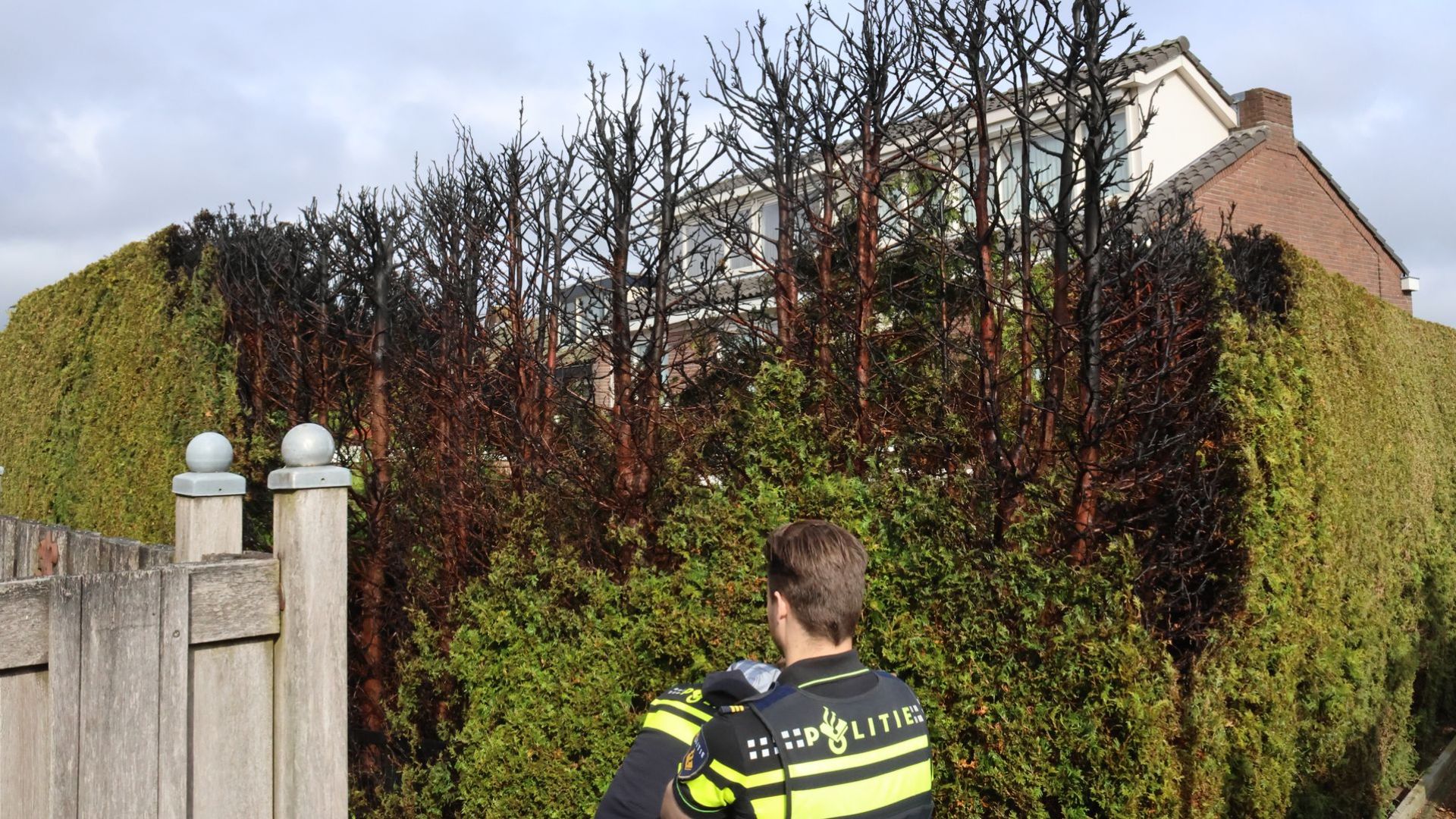 Coniferenhaag in brand achter woning in Rhenen